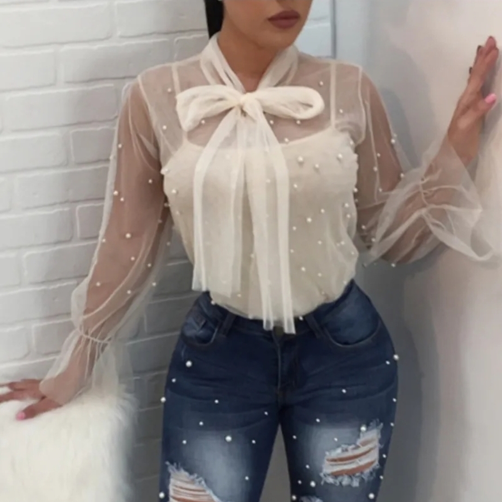 Elegant Cream Sheer Blouse with Bow